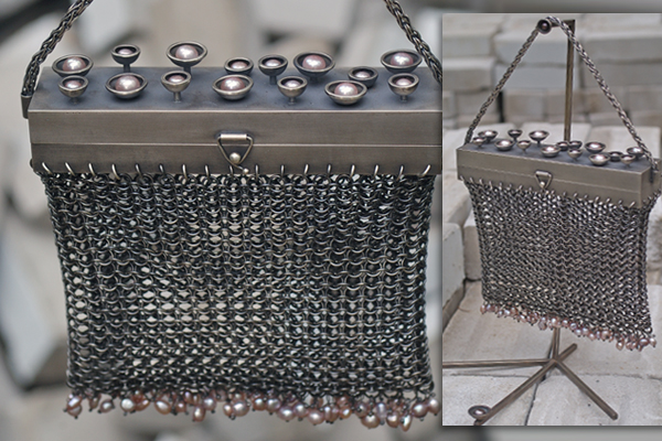 rectangle silver chain mail purse with half-drilled pearls